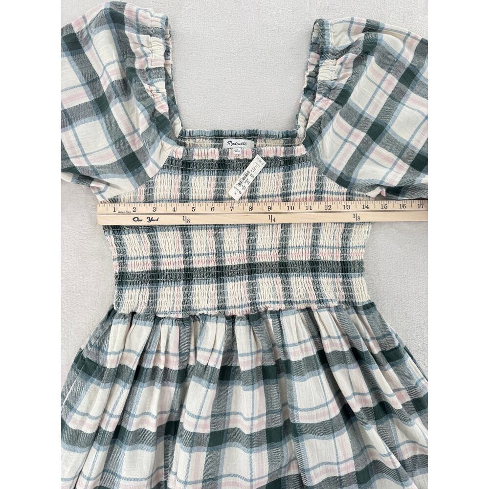 Madewell Lucie Flannel Smocked Mini Dress Cream Blue Plaid Peasant M NWT - Picture 7 of 10